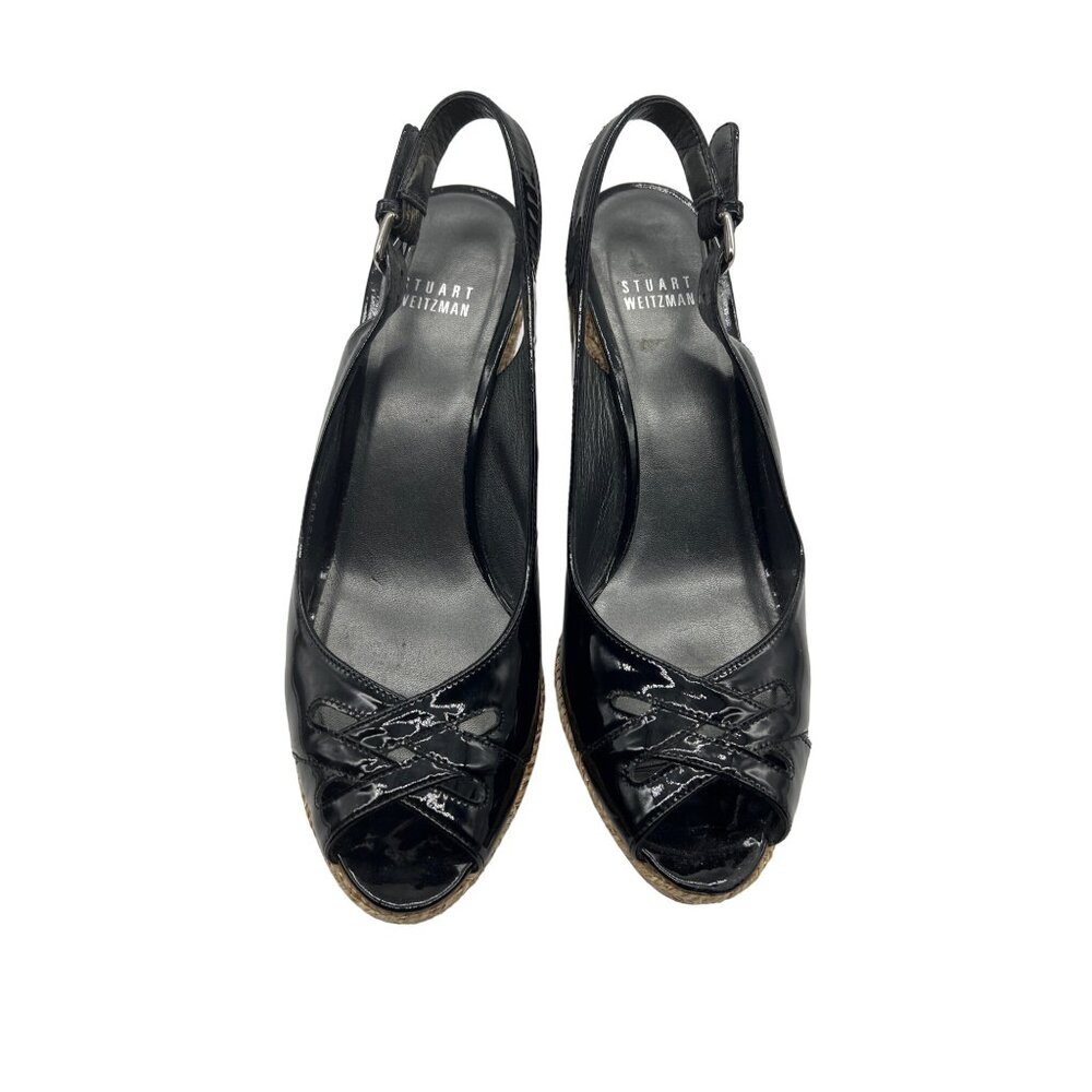 Stuart Weitzman Dolunch Patent Espadrille Wedge Sandal, Black Size 9